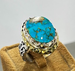 انگشتر فیروزه نیشابوری اصل رکاب نقره دست ساز دور برنجی