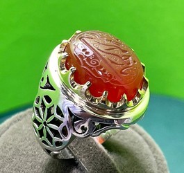 انگشتر عقیق پرتقالی یمنی دستنویس یا زهرای مرضیه رکاب نقره فیلی