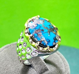 انگشتر فیروزه نیشابوری رکاب دور برنجی نقره 