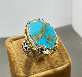 انگشتر فیروزه نیشابوری رکاب نقره دست ساز با مهر سازنده