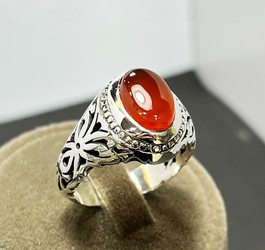 انگشتر عقیق سرخ یمنی رکاب نقره شبکه ای