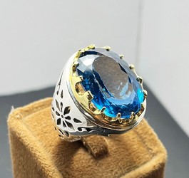 انگشتر توپاز آبی 40 قیراطی رکاب نقره عیار925 